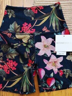 Never Worn-Beyond Yoga Black Floral High-Waist Bike Shorts with Pink&Red Blooms